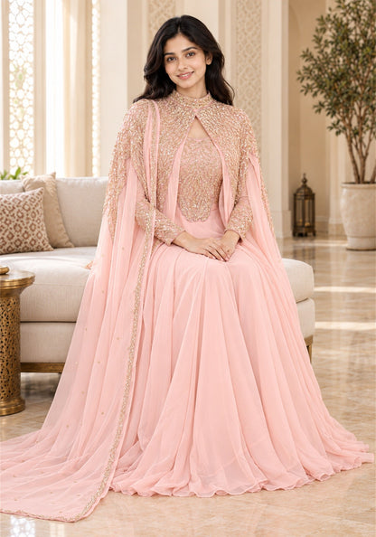 Blush Pink Embellished Georgette Arabic Cape Gown - Ashoka Threads