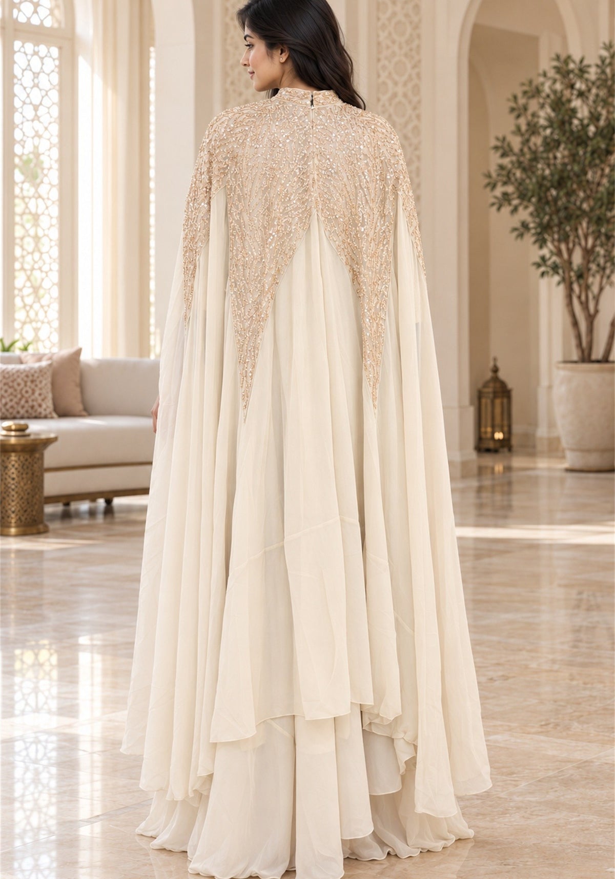 Ivory Cream Embellished Georgette Arabic Cape Gown - Ashoka Threads
