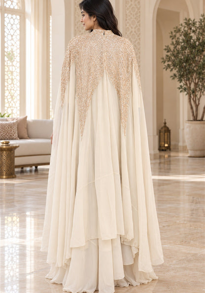 Ivory Cream Embellished Georgette Arabic Cape Gown - Ashoka Threads