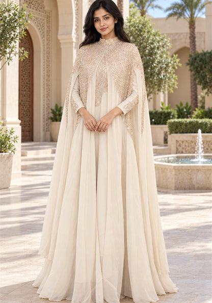 Ivory Cream Embellished Georgette Arabic Cape Gown - Ashoka Threads