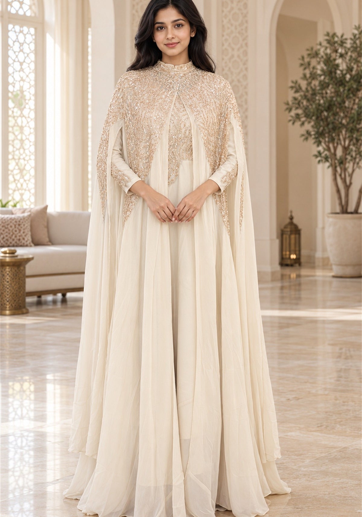 Ivory Cream Embellished Georgette Arabic Cape Gown - Ashoka Threads