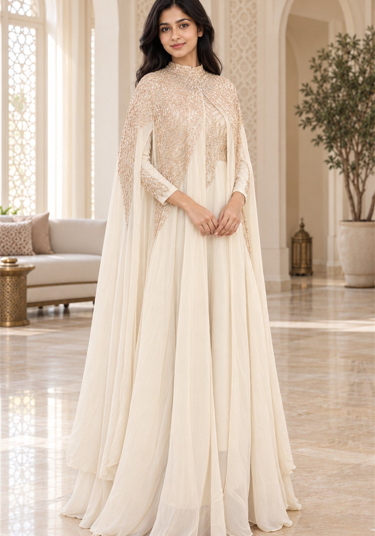 Ivory Cream Embellished Georgette Arabic Cape Gown - Ashoka Threads