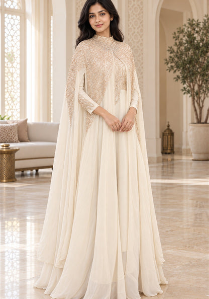 Ivory Cream Embellished Georgette Arabic Cape Gown - Ashoka Threads