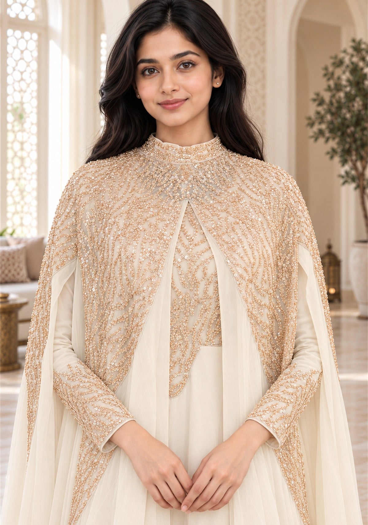 Ivory Cream Embellished Georgette Arabic Cape Gown - Ashoka Threads