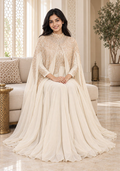 Ivory Cream Embellished Georgette Arabic Cape Gown - Ashoka Threads