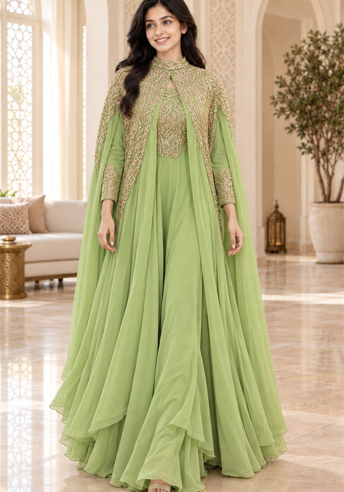 Pistachio Green Embellished Georgette Arabic Cape Gown - Ashoka Threads