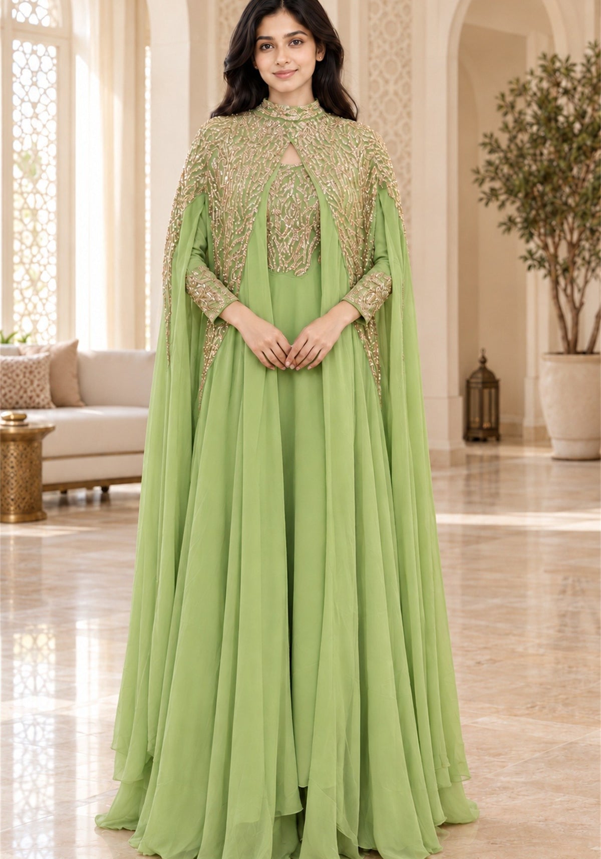 Pistachio Green Embellished Georgette Arabic Cape Gown - Ashoka Threads