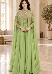 Pistachio Green Embellished Georgette Arabic Cape Gown - Ashoka Threads