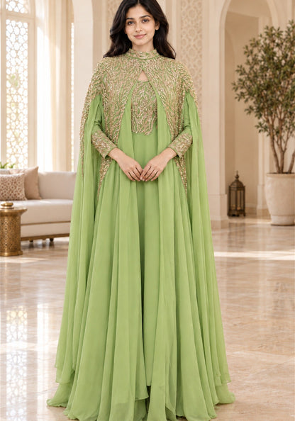 Pistachio Green Embellished Georgette Arabic Cape Gown - Ashoka Threads