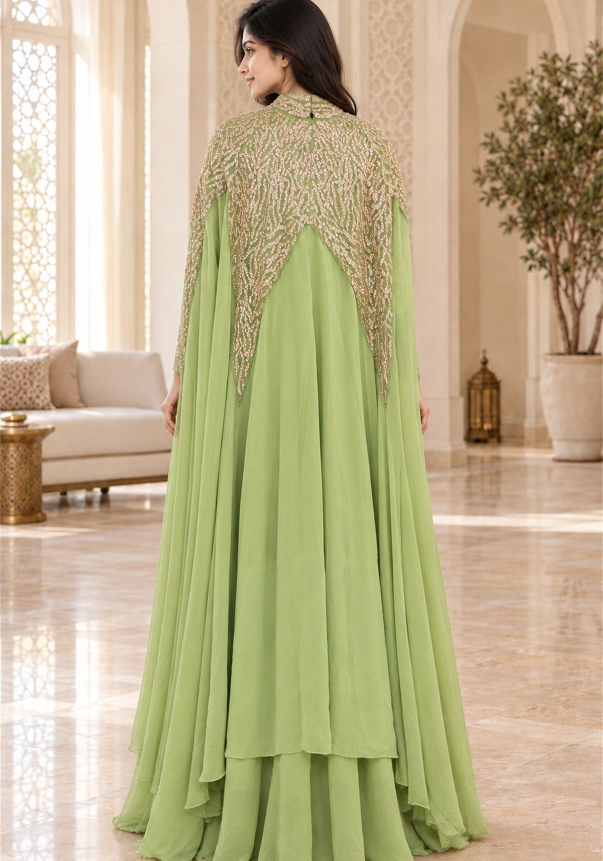 Pistachio Green Embellished Georgette Arabic Cape Gown - Ashoka Threads