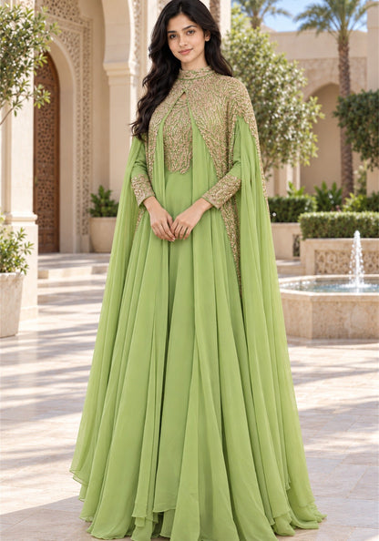 Pistachio Green Embellished Georgette Arabic Cape Gown - Ashoka Threads