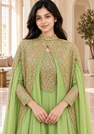 Pistachio Green Embellished Georgette Arabic Cape Gown - Ashoka Threads