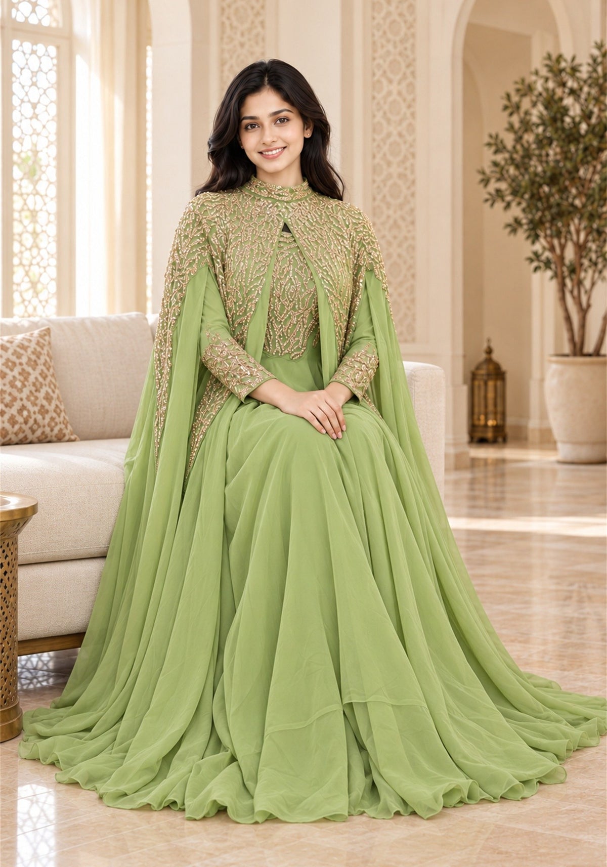 Pistachio Green Embellished Georgette Arabic Cape Gown - Ashoka Threads