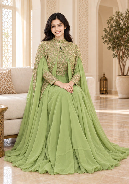 Pistachio Green Embellished Georgette Arabic Cape Gown - Ashoka Threads