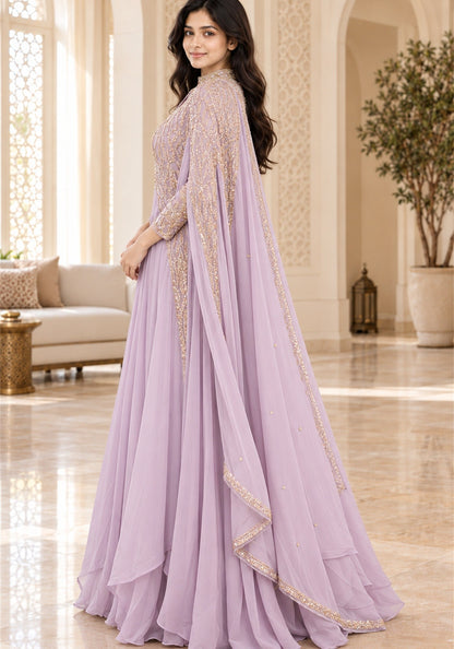 Soft Lavender Embellished Georgette Arabic Cape Gown - Ashoka Threads