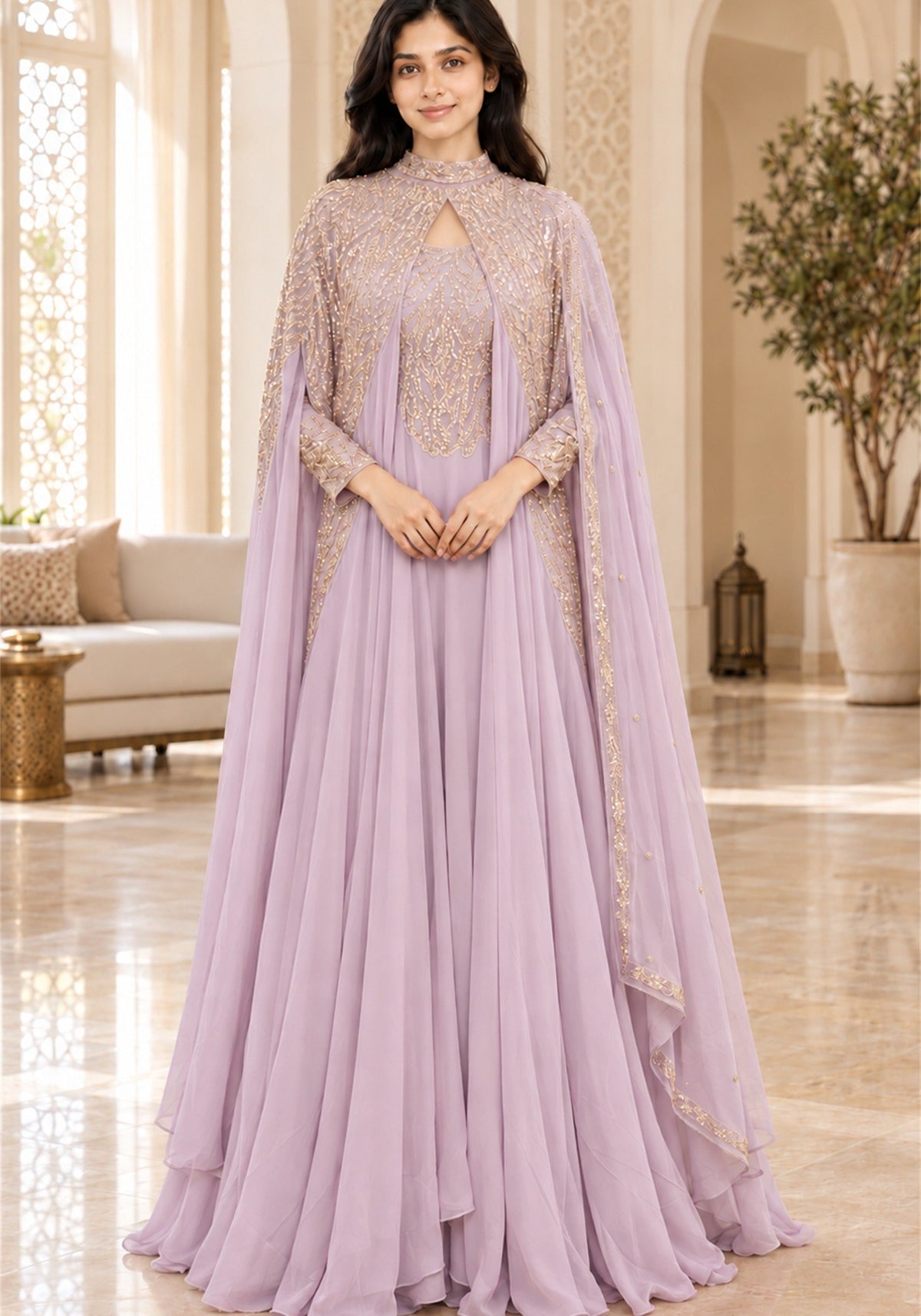 Soft Lavender Embellished Georgette Arabic Cape Gown - Ashoka Threads