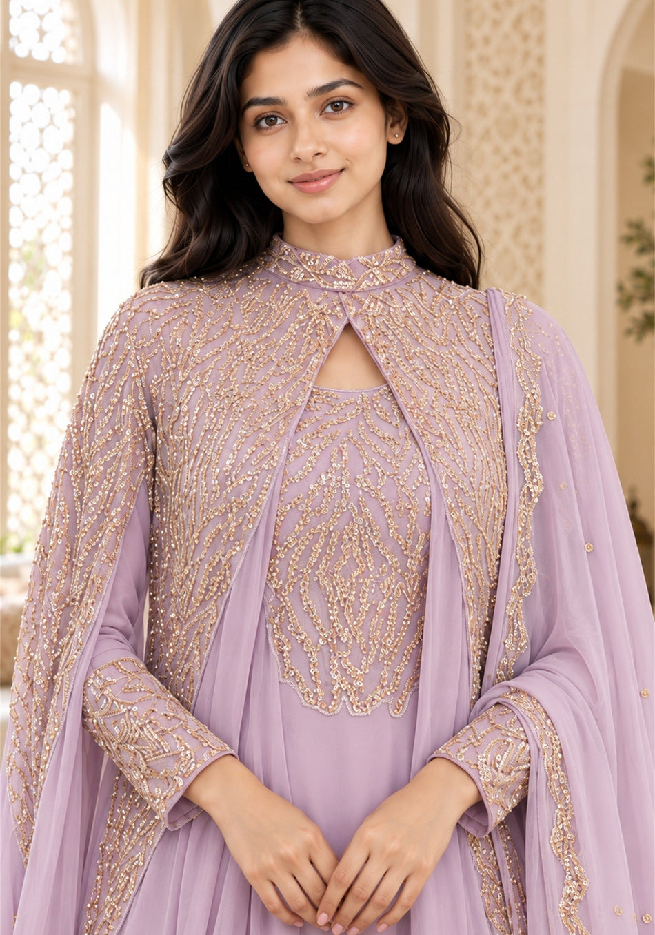 Soft Lavender Embellished Georgette Arabic Cape Gown - Ashoka Threads