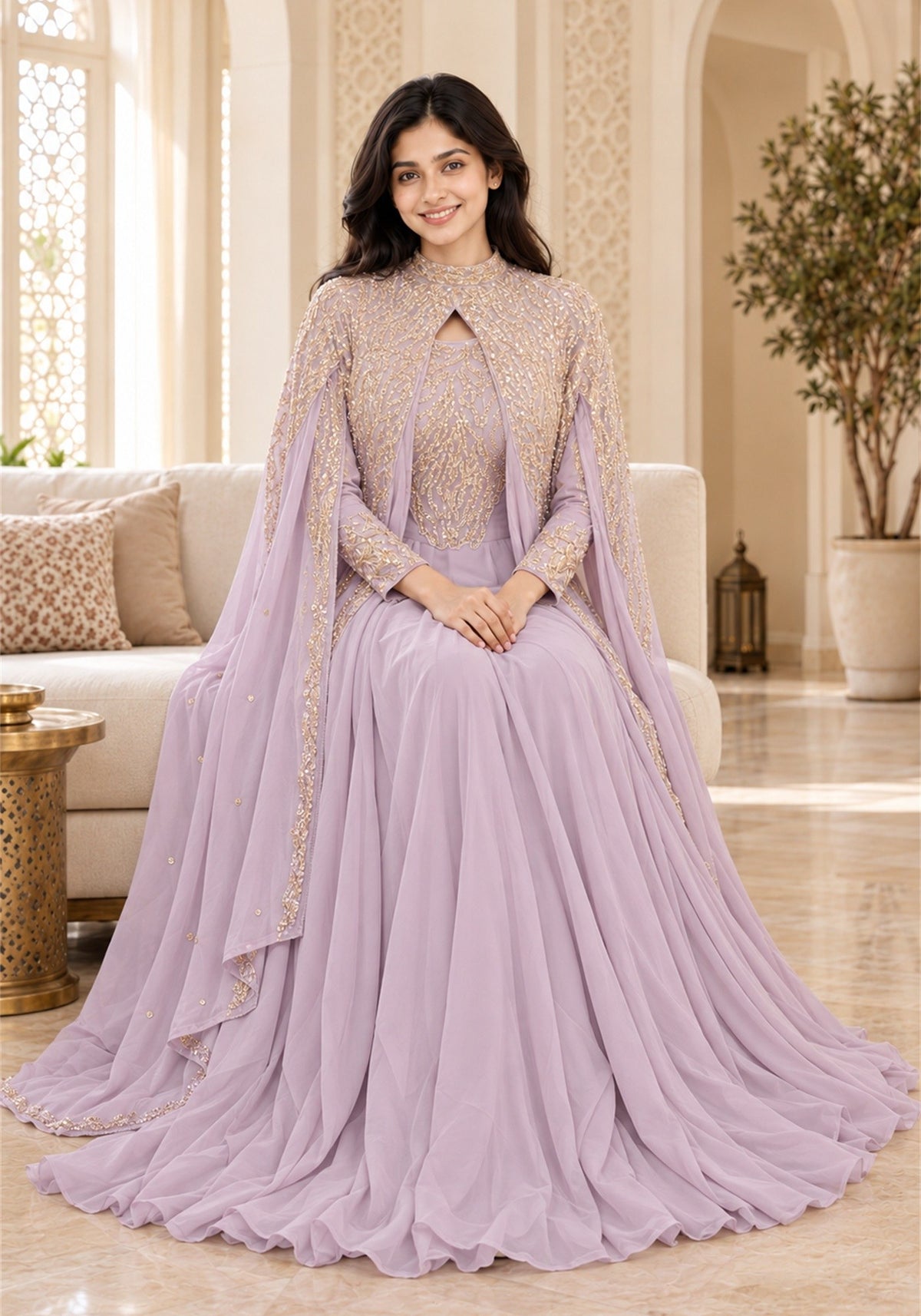 Soft Lavender Embellished Georgette Arabic Cape Gown - Ashoka Threads