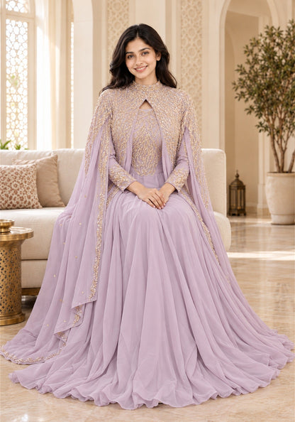 Soft Lavender Embellished Georgette Arabic Cape Gown - Ashoka Threads