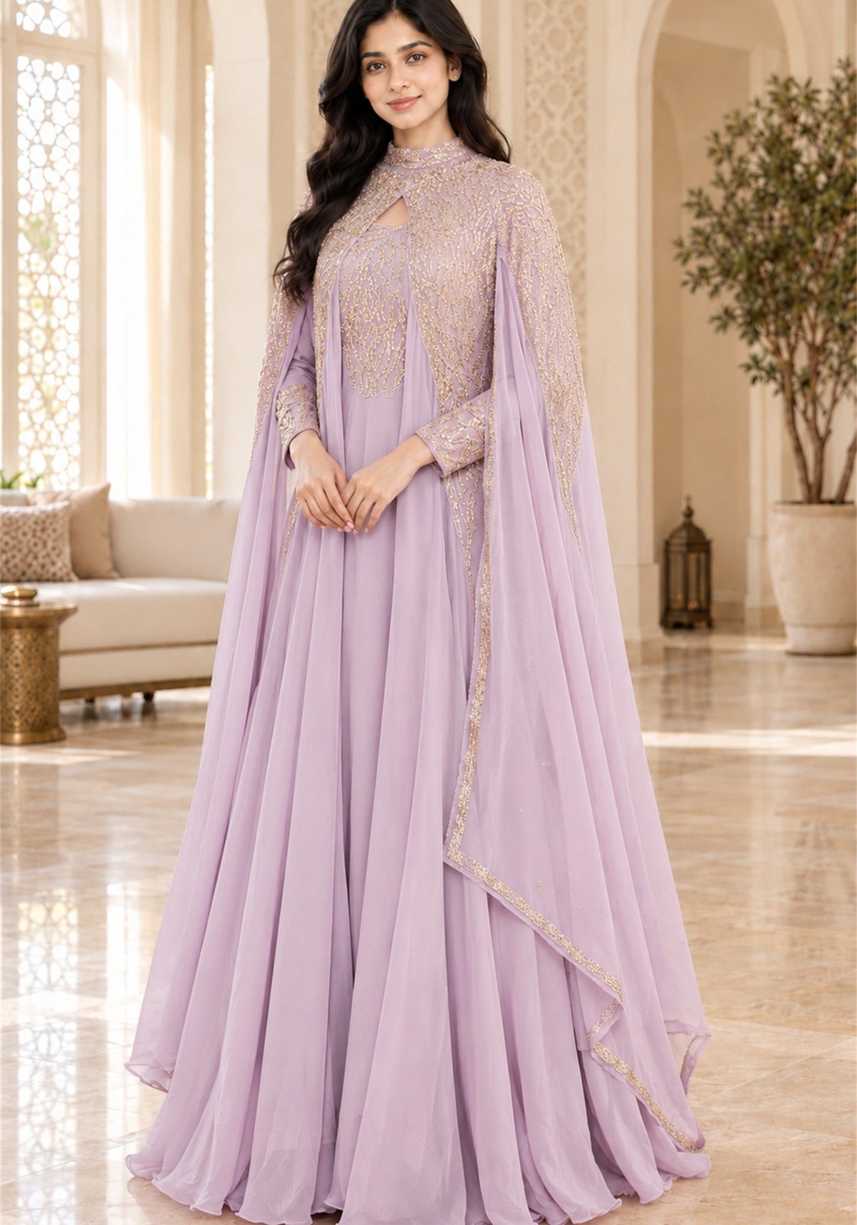 Soft Lavender Embellished Georgette Arabic Cape Gown - Ashoka Threads
