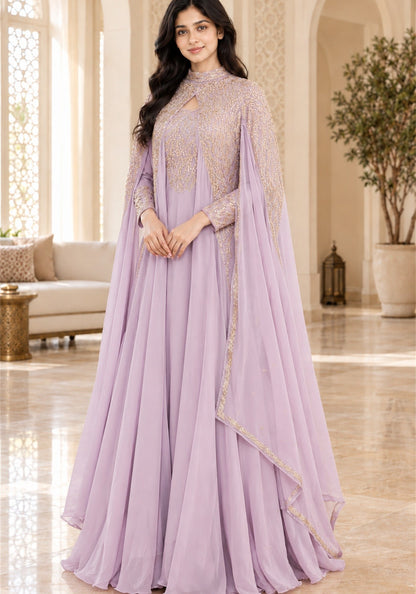 Soft Lavender Embellished Georgette Arabic Cape Gown - Ashoka Threads