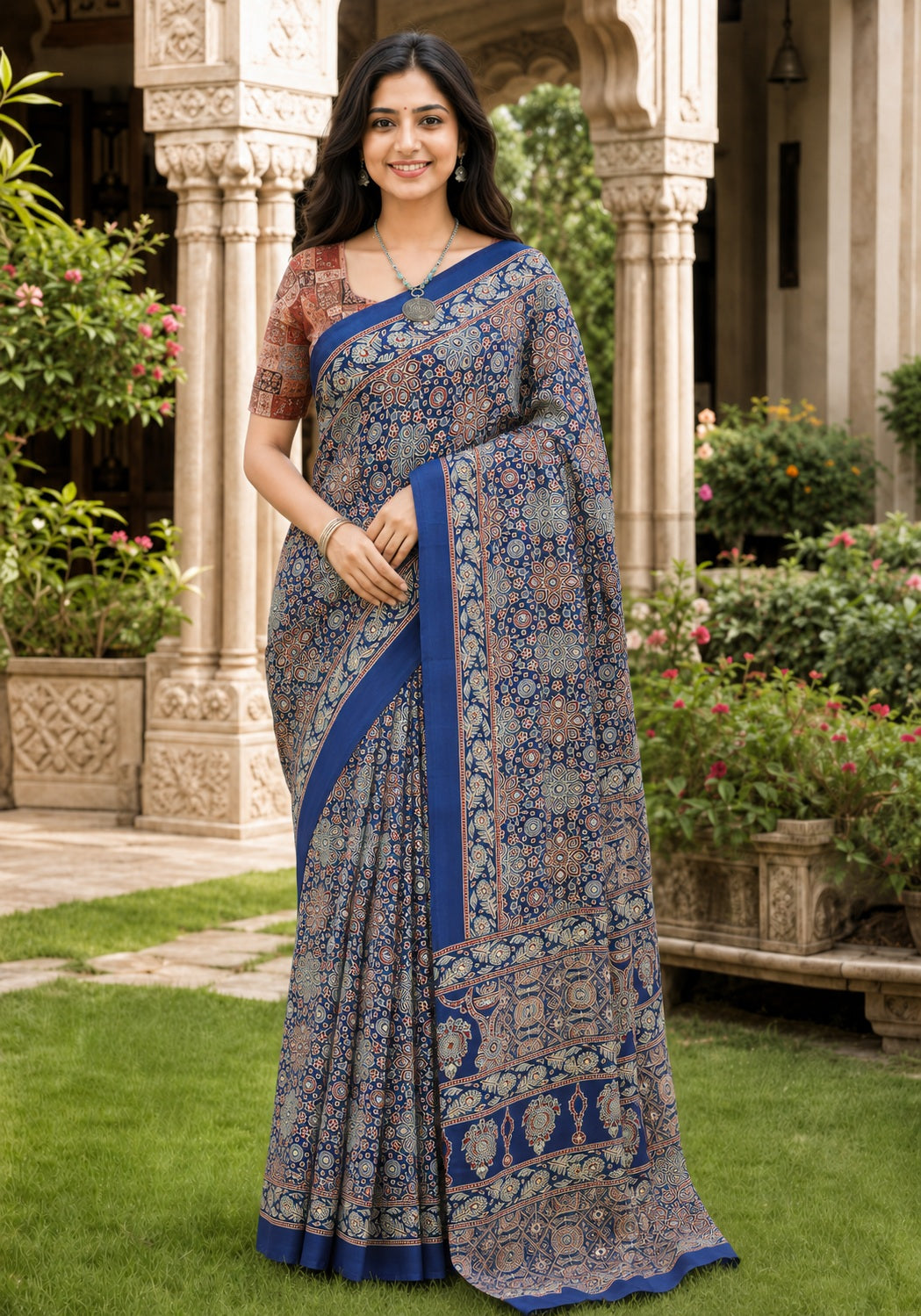 Ajrakh Mirror Work Saree Indigo Blue Floral Printed Border - AMS-1-1301 - view 1
