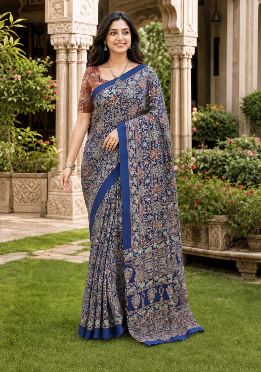 Ajrakh Mirror Work Saree Indigo Blue Floral Printed Border - AMS-1-1301 - view 2
