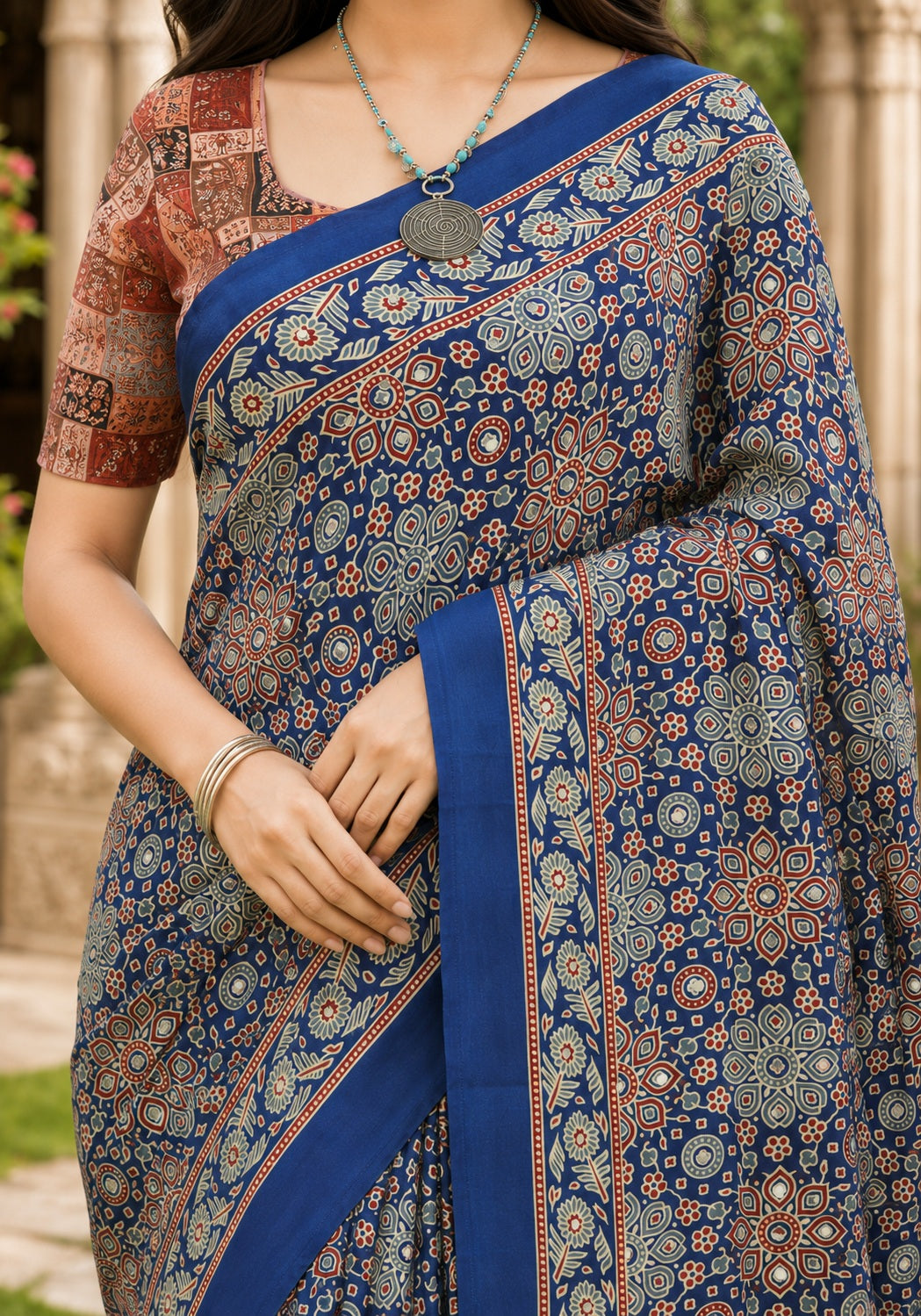 Ajrakh Mirror Work Saree Indigo Blue Floral Printed Border - AMS-1-1301 - view 3