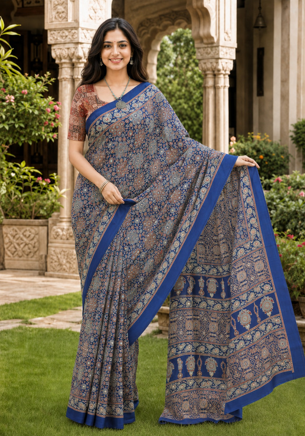 Ajrakh Mirror Work Saree Indigo Blue Floral Printed Border - AMS-1-1301 - view 5