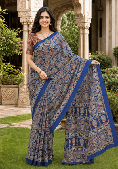 Ajrakh Mirror Work Saree Indigo Blue Floral Printed Border - AMS-1-1301 - view 5