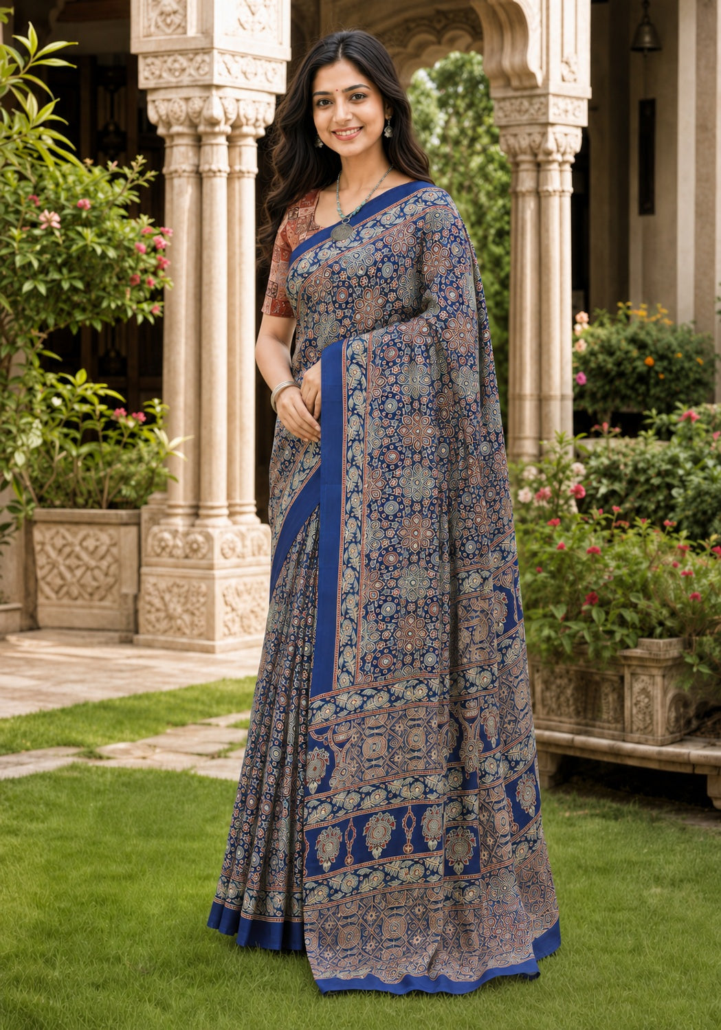 Ajrakh Mirror Work Saree Indigo Blue Floral Printed Border - AMS-1-1301 - view 6