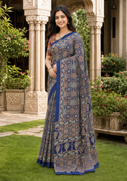 Ajrakh Mirror Work Saree Indigo Blue Floral Printed Border - AMS-1-1301 - view 6