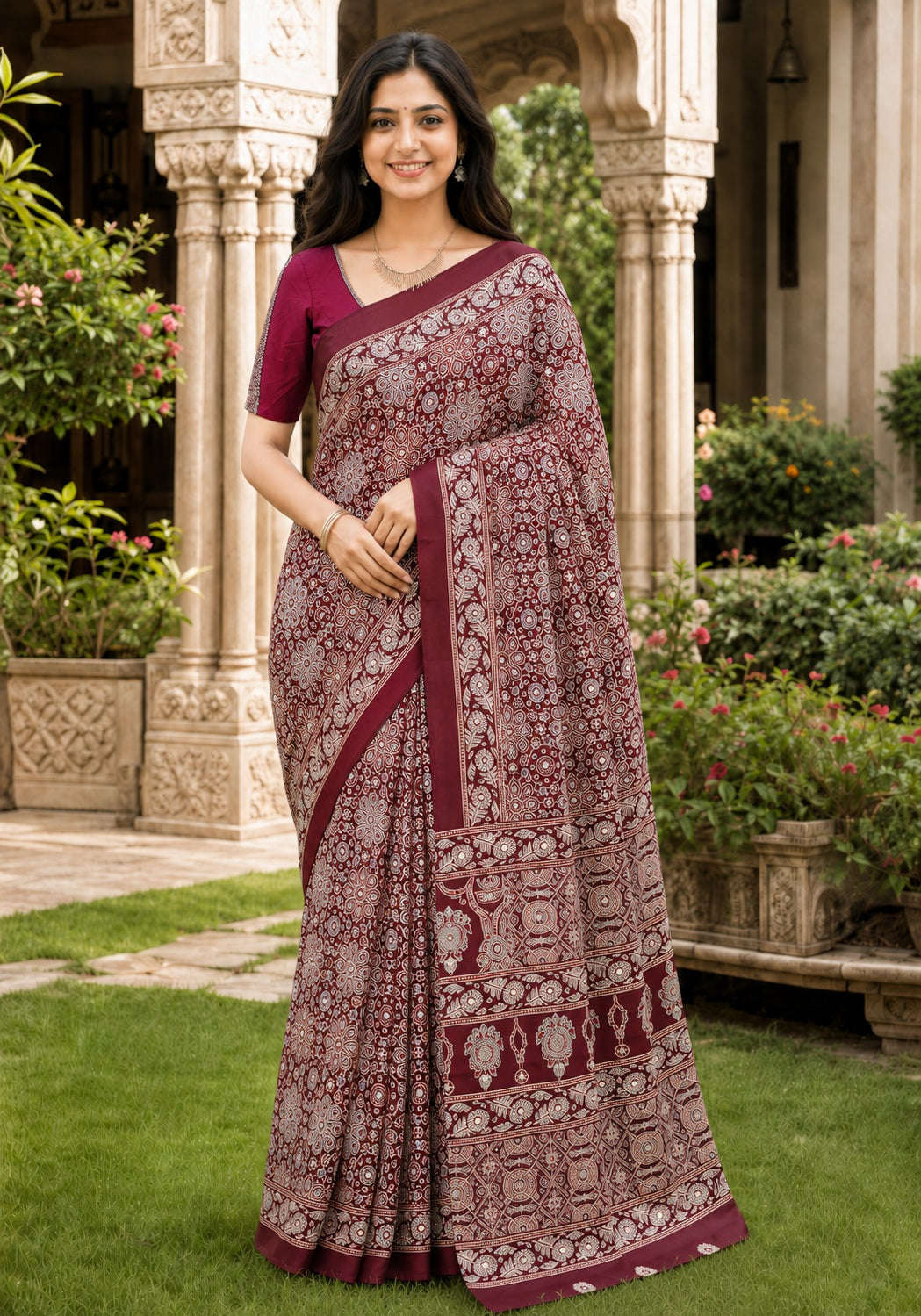 Ajrakh Mirror Work Saree Wine Maroon Floral Printed Border - AMS-1-1302 - view 1