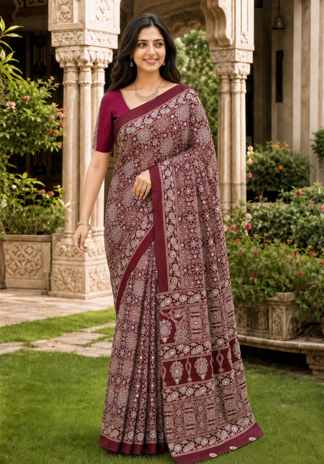 Ajrakh Mirror Work Saree Wine Maroon Floral Printed Border - AMS-1-1302 - view 2