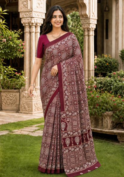 Ajrakh Mirror Work Saree Wine Maroon Floral Printed Border - AMS-1-1302 - view 2