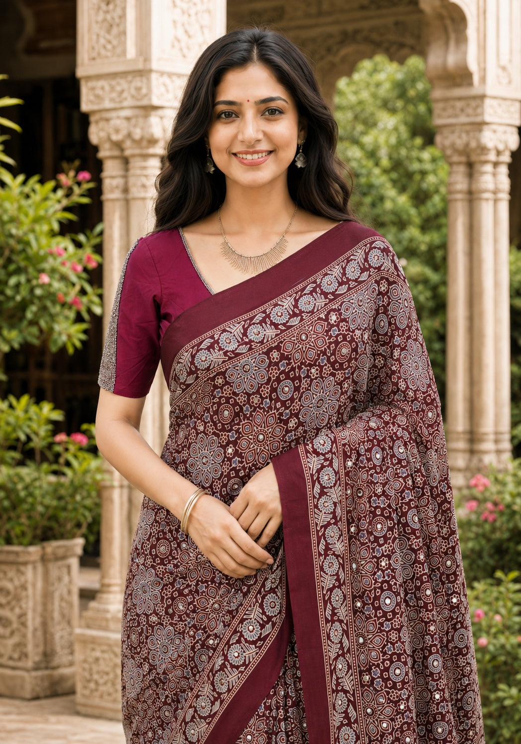 Ajrakh Mirror Work Saree Wine Maroon Floral Printed Border - AMS-1-1302 - view 3
