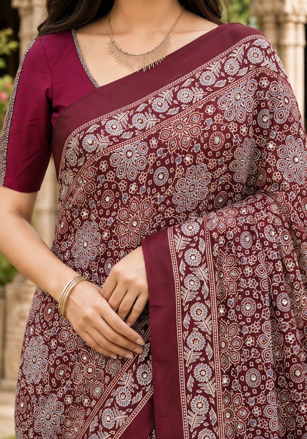 Ajrakh Mirror Work Saree Wine Maroon Floral Printed Border - AMS-1-1302 - view 4
