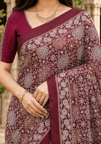 Ajrakh Mirror Work Saree Wine Maroon Floral Printed Border - AMS-1-1302 - view 4