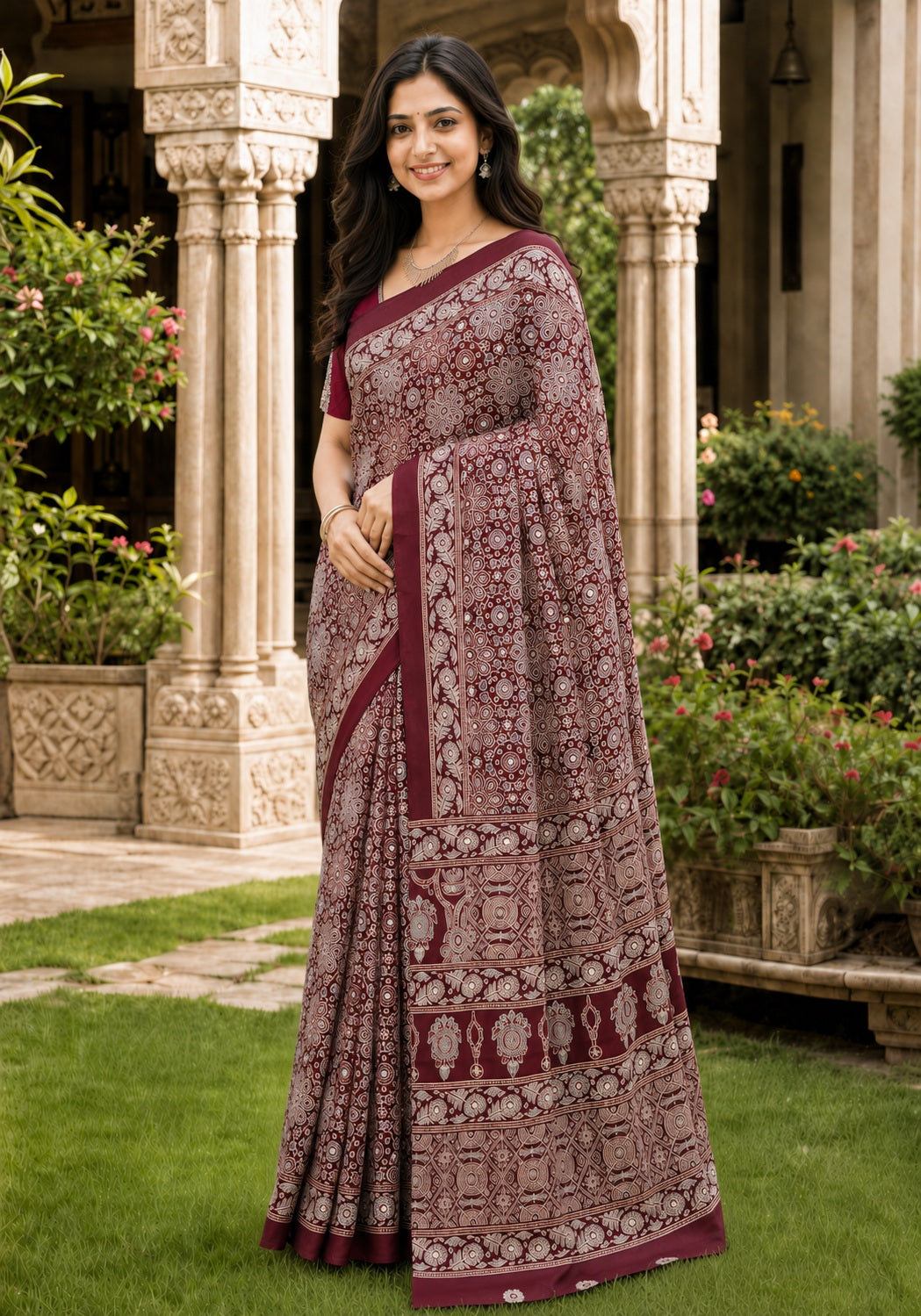 Ajrakh Mirror Work Saree Wine Maroon Floral Printed Border - AMS-1-1302 - view 5