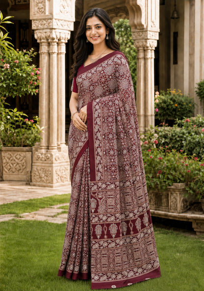 Ajrakh Mirror Work Saree Wine Maroon Floral Printed Border - AMS-1-1302 - view 5