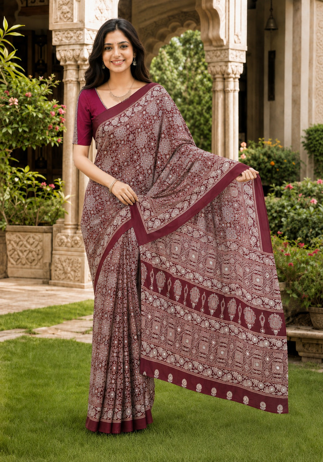 Ajrakh Mirror Work Saree Wine Maroon Floral Printed Border - AMS-1-1302 - view 6