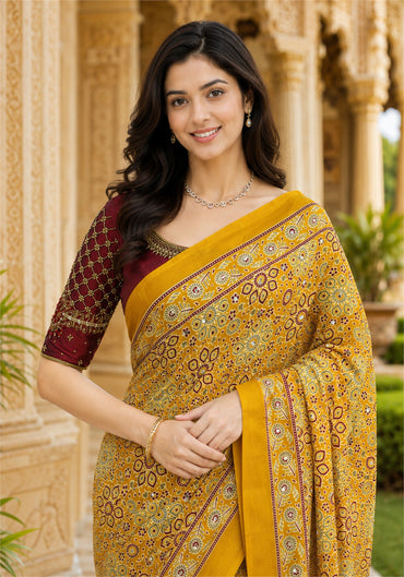 Ajrakh Saree Mustard Yellow Paisley Floral Border - AMS-1-1303 - view 2