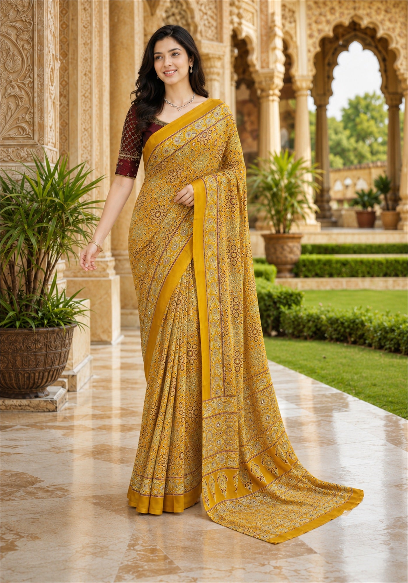 Ajrakh Saree Mustard Yellow Paisley Floral Border - AMS-1-1303 - view 3