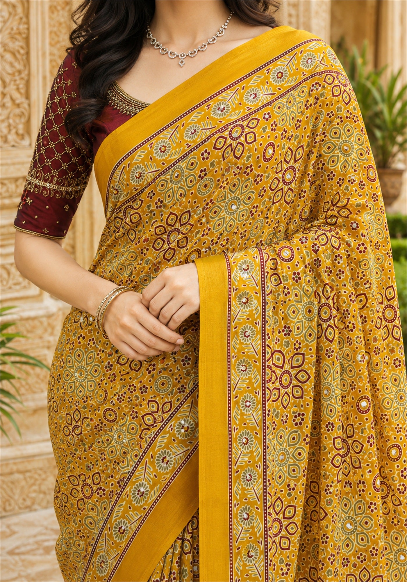 Ajrakh Saree Mustard Yellow Paisley Floral Border - AMS-1-1303 - view 4