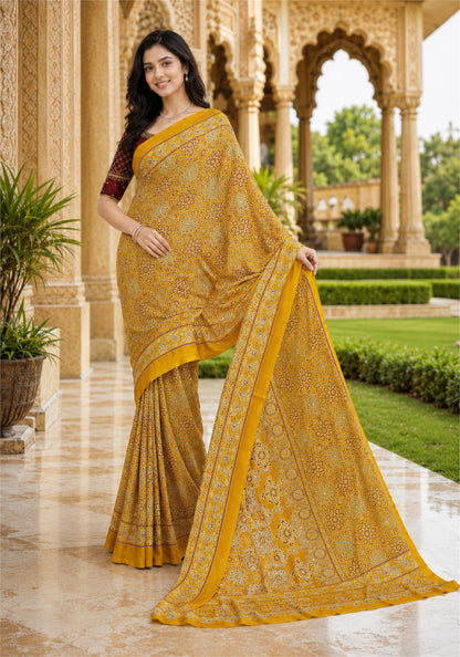 Ajrakh Saree Mustard Yellow Paisley Floral Border - AMS-1-1303 - view 5