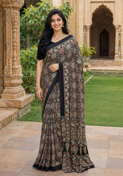 Ajrakh Mirror Work Saree Black Copper Paisley Floral Border - AMS-1-1304 - view 1