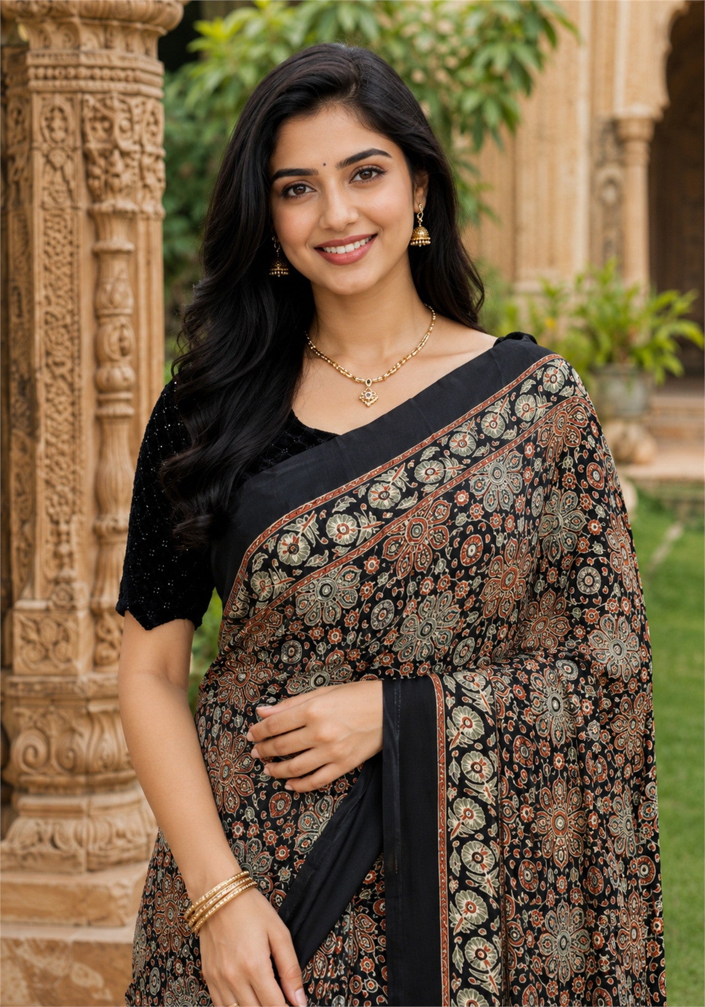 Ajrakh Mirror Work Saree Black Copper Paisley Floral Border - AMS-1-1304 - view 2