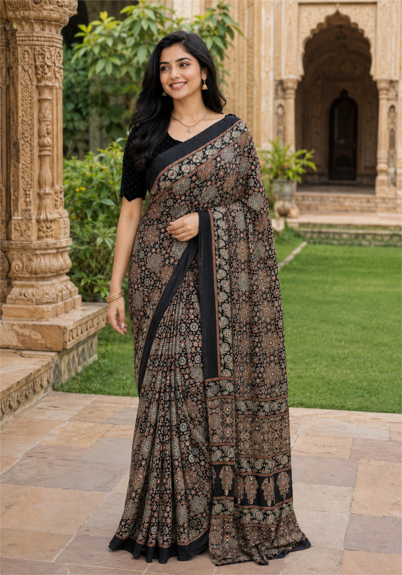 Ajrakh Mirror Work Saree Black Copper Paisley Floral Border - AMS-1-1304 - view 3