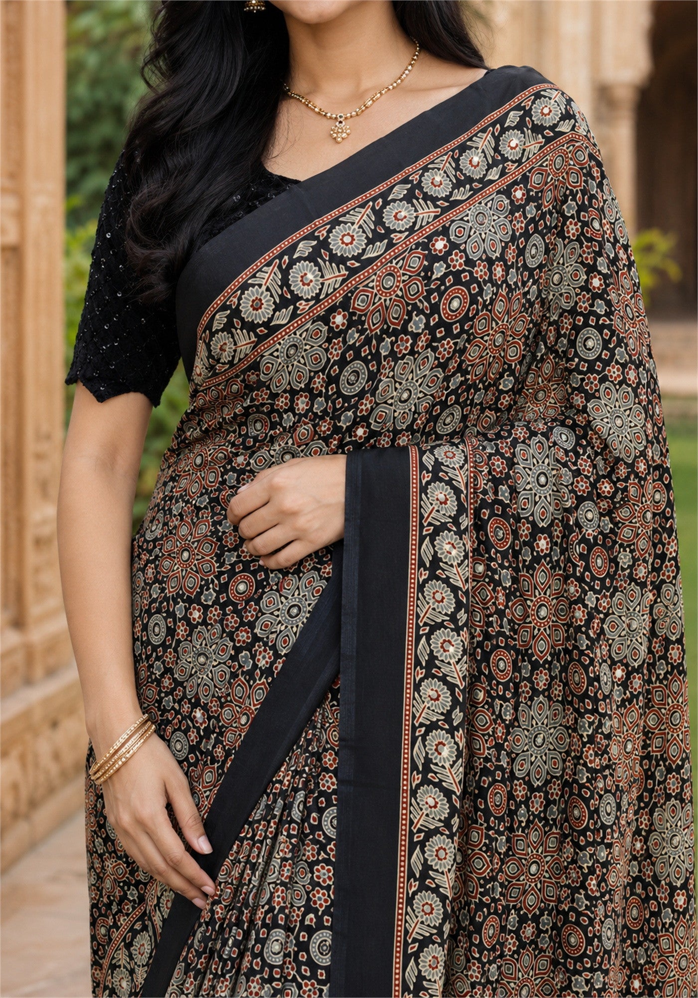 Ajrakh Mirror Work Saree Black Copper Paisley Floral Border - AMS-1-1304 - view 4
