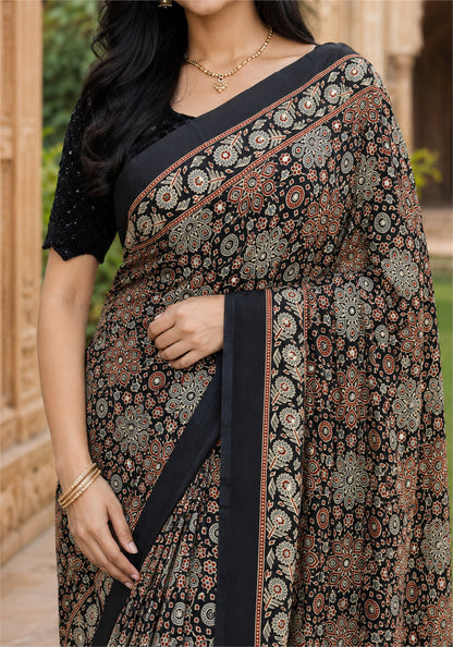 Ajrakh Mirror Work Saree Black Copper Paisley Floral Border - AMS-1-1304 - view 4